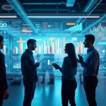 Equipe de vendas e profissionais de tecnologia interagindo diante de telas digitais com gráficos e dados de vendas