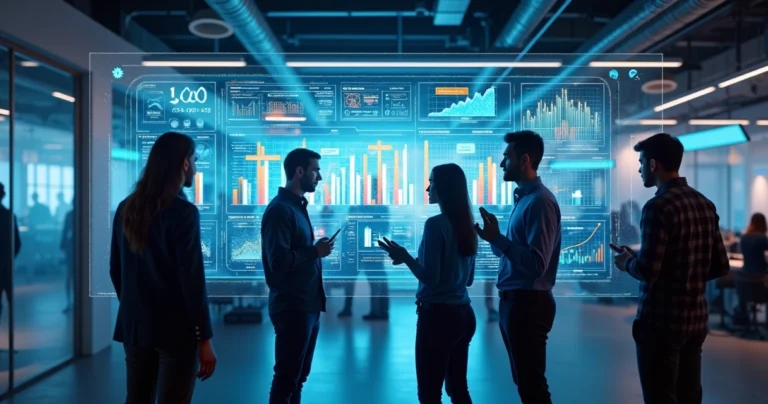 Equipe de vendas e profissionais de tecnologia interagindo diante de telas digitais com gráficos e dados de vendas