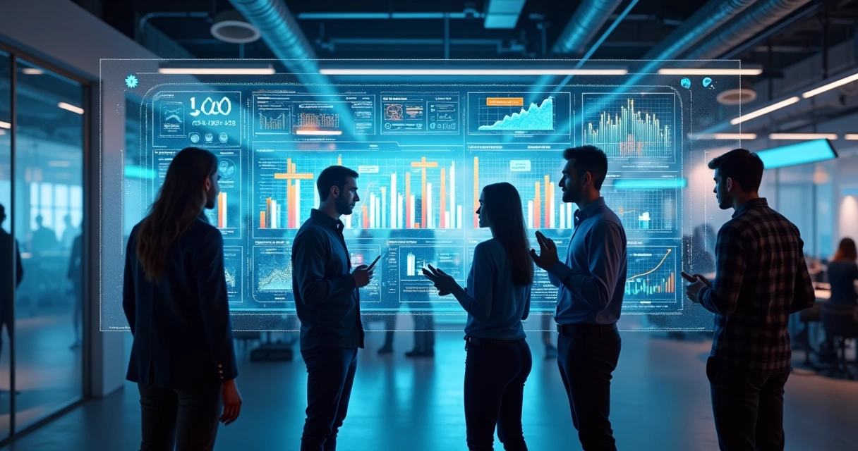 Equipe de vendas e profissionais de tecnologia interagindo diante de telas digitais com gráficos e dados de vendas