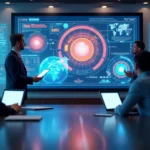 Equipe de marketing e vendas colaborando em um ambiente moderno com telas e gráficos digitais mostrando integração e dados de leads