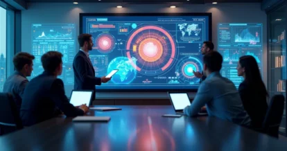 Equipe de marketing e vendas colaborando em um ambiente moderno com telas e gráficos digitais mostrando integração e dados de leads