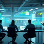 Ilustração realista de equipes de marketing e vendas integradas trabalhando juntas com gráficos e dados de vendas ao fundo