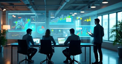 Ilustração realista de equipes de marketing e vendas integradas trabalhando juntas com gráficos e dados de vendas ao fundo