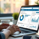 Profissional analisando perfil do LinkedIn em laptop com gráficos de vendas B2B na tela