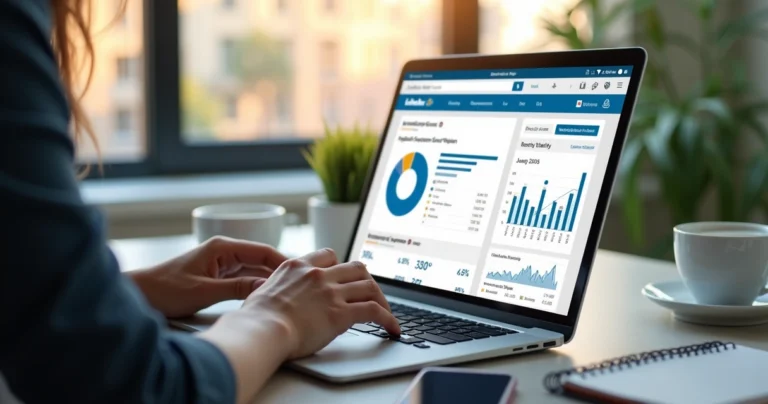 Profissional analisando perfil do LinkedIn em laptop com gráficos de vendas B2B na tela