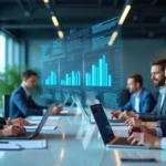 Equipe de vendas utilizando computadores e smartphones com gráficos e ícones de comunicação digital ao redor