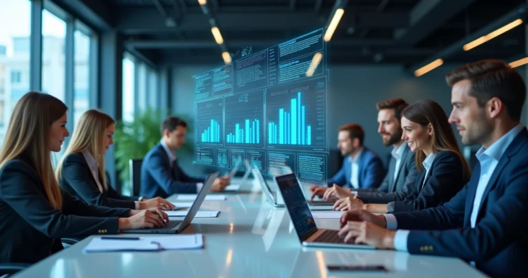 Equipe de vendas utilizando computadores e smartphones com gráficos e ícones de comunicação digital ao redor